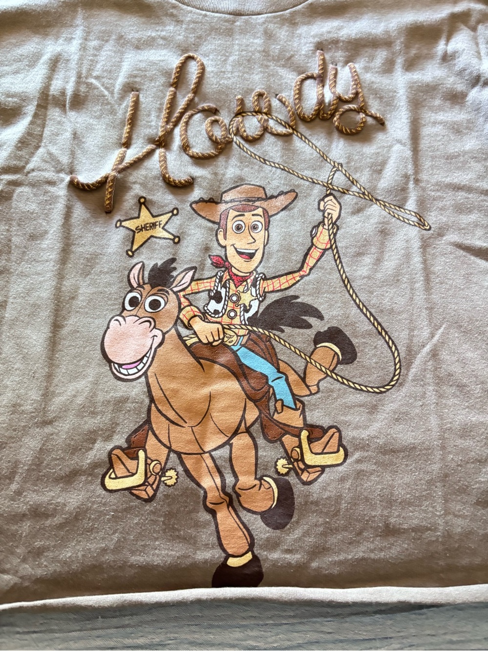 Disney Woody Graphic Crop Top - Light Brown with Gold Script